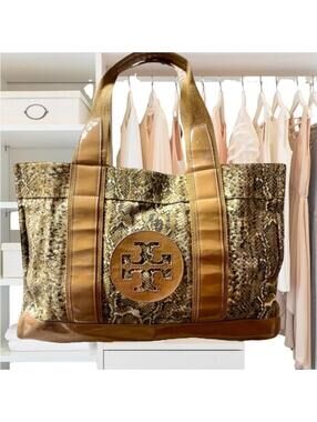 Tory Burch Women’s Snakeskin Canvas & Caramel Patent Leather Shoulder Tote